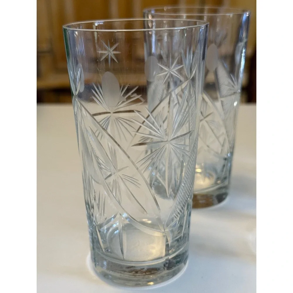 Vintage Cut Glass Highball Tumblers Starburst Wheat Etched‎ Barware Set of 4